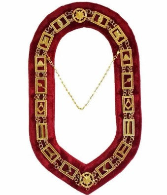 Blue Lodge Working Tools - Masonic Chain Collar - Gold/Silver on Red + Free Case | Regalia Lodge