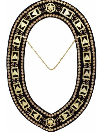 33rd Degree - Scottish Rite Rhinestone Chain Collar - Gold/Silver on Black + Free Case | Regalia Lodge