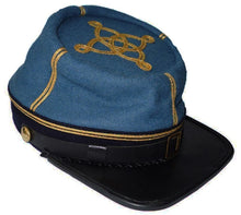 Cargar imagen en el visor de la galería, Civil War Infantry Pattern Leather Peak Captain&#39;s Kepi, Sky Blue/Black 2 rows