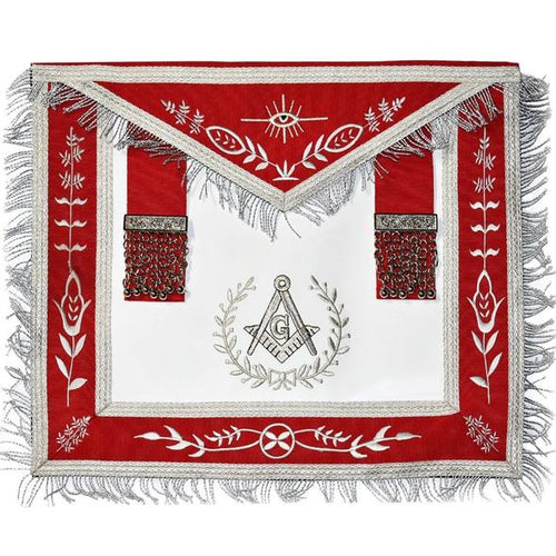 Masonic Blue Lodge Master Mason Silver Machine Embroidery Red Apron | Regalia Lodge
